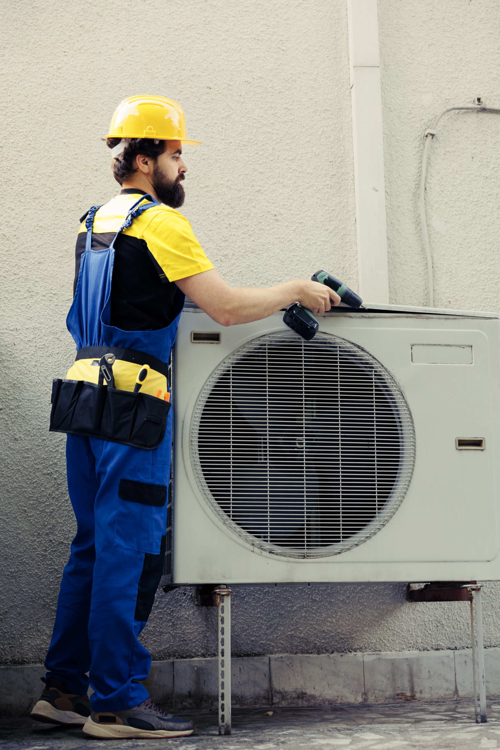 Professional technician starting work on faulty air conditioner, using power drill to disassemble condenser metal coil panel. Expert engineer dismantling hvac system to check for leaks